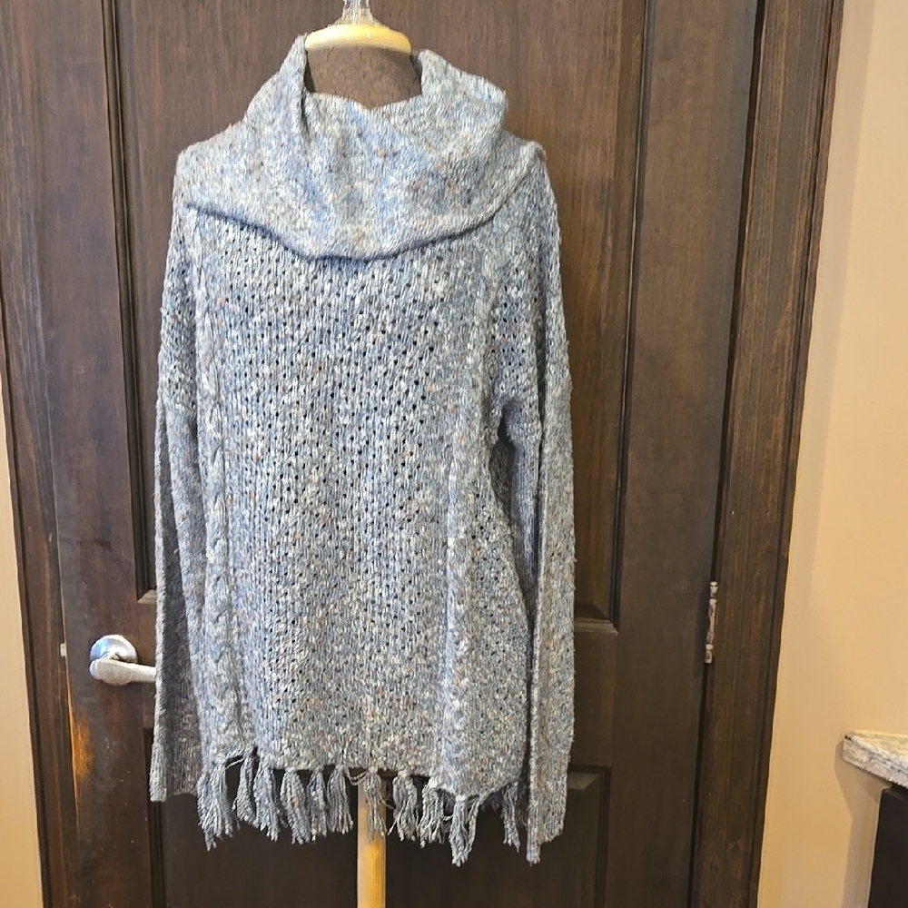 Bass Light Blue Cowl Neck Sweater with Fringe